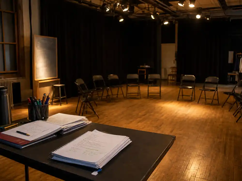 An empty university acting classroom for Ally Sheedy CCNY theater professor teaching career since 2021