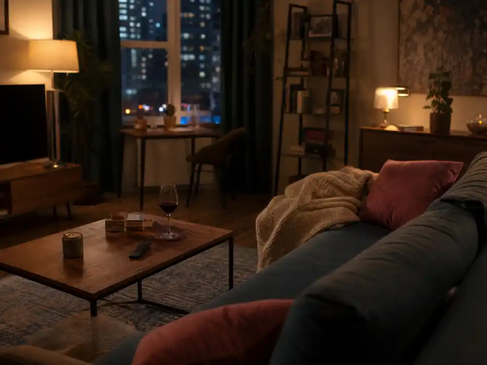 A cozy apartment living room mood for Ally Sheedy Single Drunk Female Freeform TV comeback role