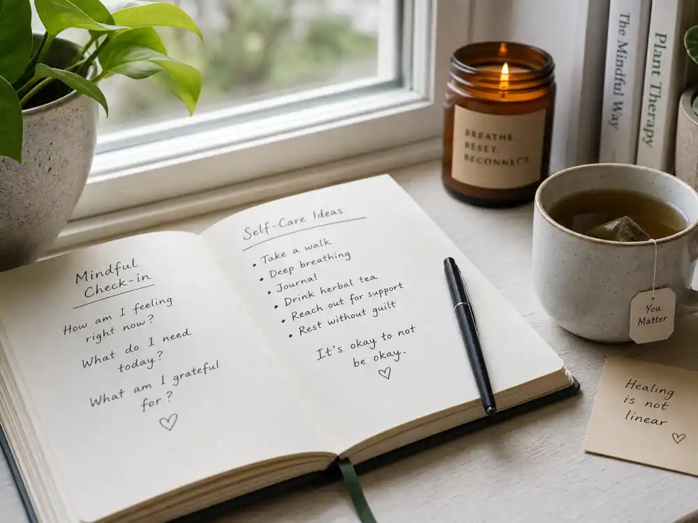 Journal and tea on a windowsill symbolizing Alyson Stoner mental health and eating disorder advocacy