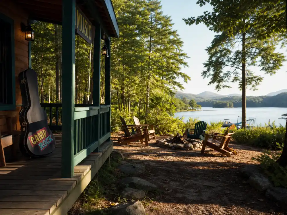 Summer music camp porch setting evoking Alyson Stoner Camp Rock and Disney Channel era