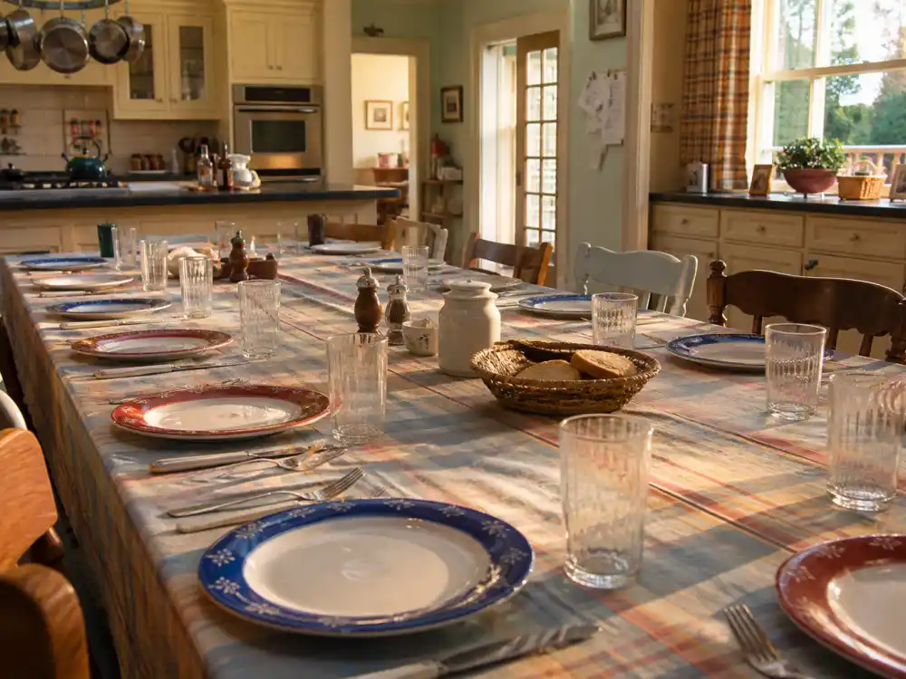 A large family kitchen table evoking Alyson Stoner Cheaper by the Dozen child-actor breakthrough era