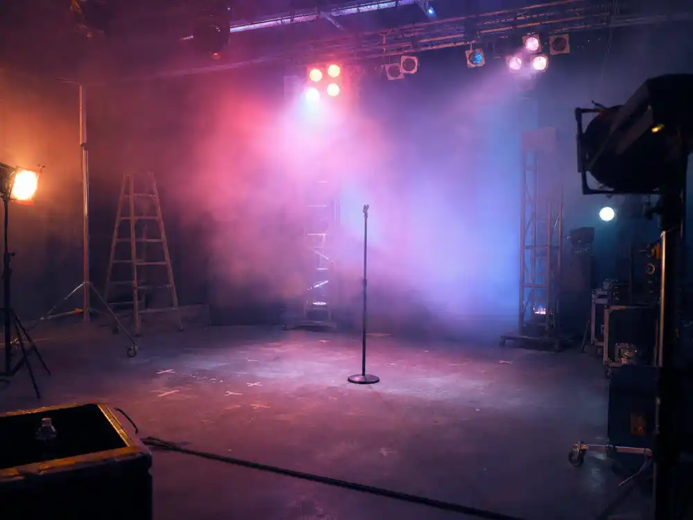 Colored stage lights on a music video set representing Alyson Stoner Missy Elliott video dancer fame