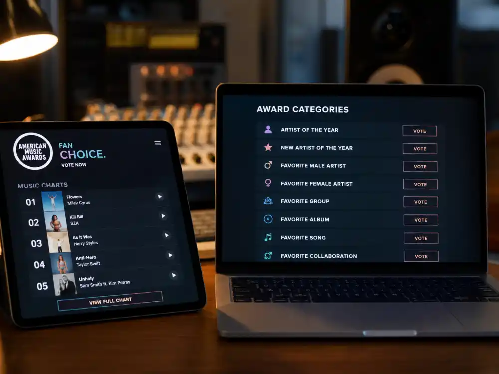 Music charts and award category lists on screens illustrating fan voting that crowns each AMA Artist of the Year winners list honoree