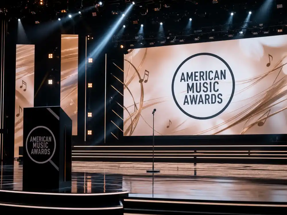 Empty American Music Awards stage podium with microphone where AMA Artist of the Year winners list envelopes open live on ABC