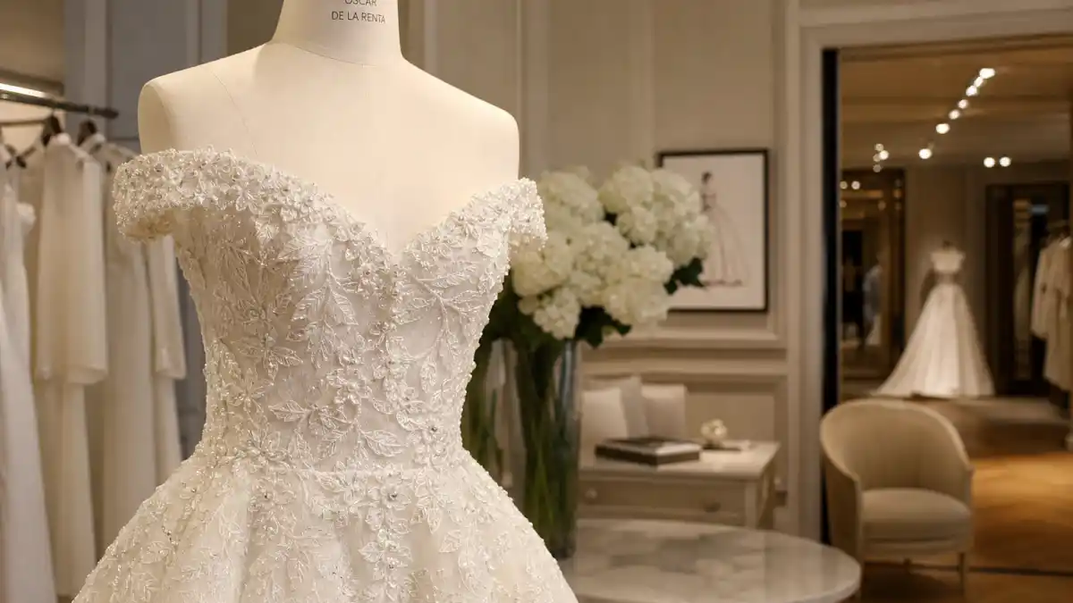 Amal Clooney wedding dress Oscar de la Renta — ivory off-the-shoulder French Chantilly lace gown with pearl embroidery on mannequin in Oscar de la Renta bridal showroom