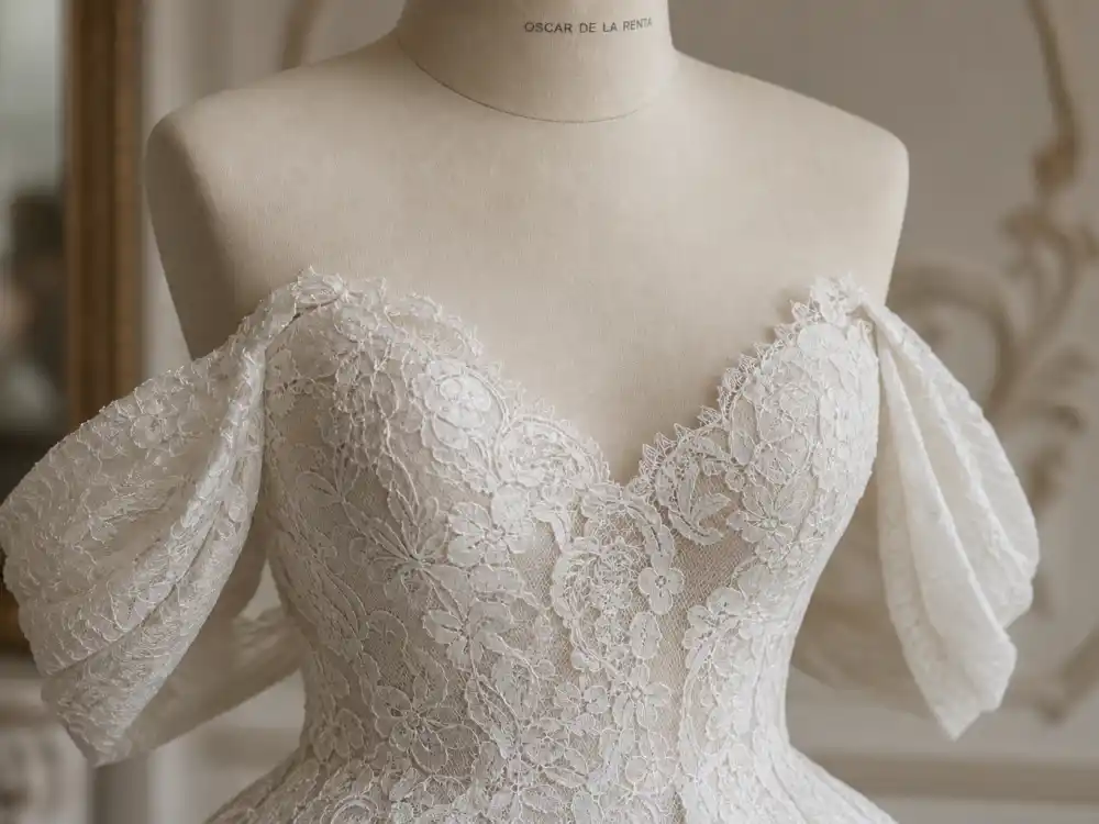 Off-the-shoulder neckline and draped lace sleeves on Amal Clooney wedding dress Oscar de la Renta bridal silhouette on couture dress form