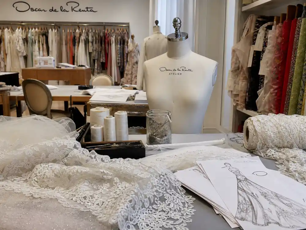 Oscar de la Renta couture atelier workspace where Amal Clooney wedding dress Oscar de la Renta was designed before the September 2014 Venice ceremony
