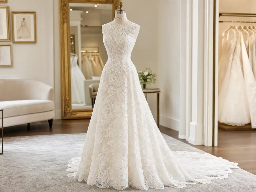 Full ivory lace Oscar de la Renta wedding dress silhouette with fitted bodice and flowing skirt on bridal showroom mannequin inspired by Amal Clooney wedding dress Oscar de la Renta