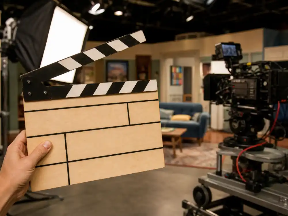 A film set clapperboard and camera representing the Amanda Bynes acting career in movies like Sheis the Man