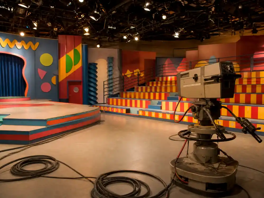 Empty colorful 1990s kids sketch-comedy TV studio set like the one where Amanda Bynes became a child star
