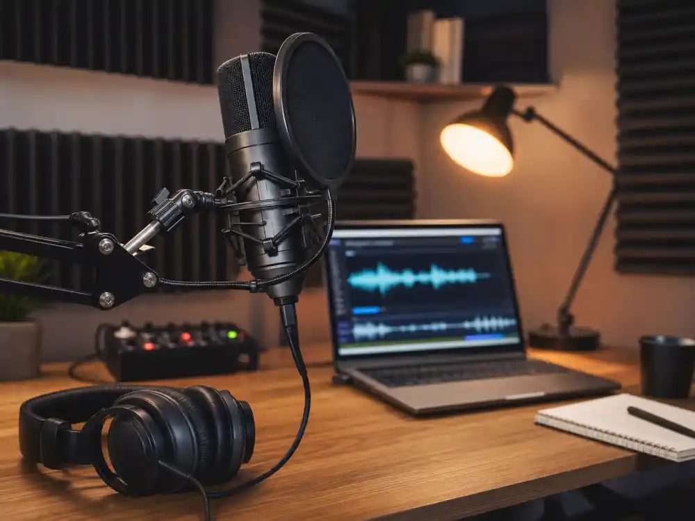 A podcast microphone in a home studio representing the Amanda Bynes comeback attempts after her conservatorship