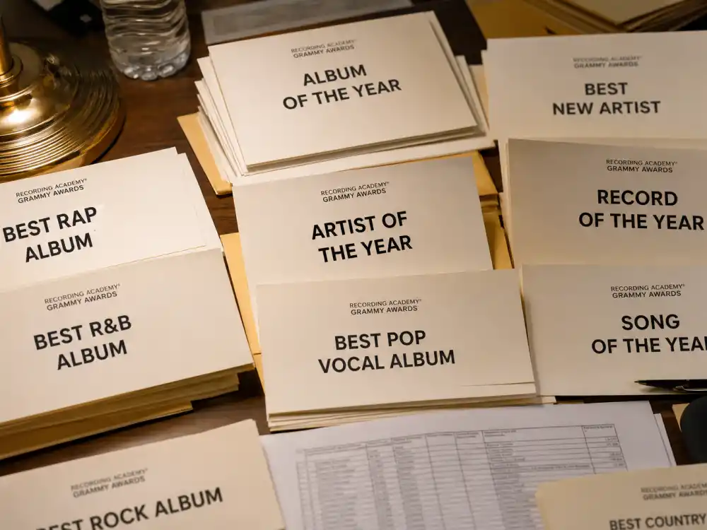 Music award category nomination cards for American Music Awards vs Grammys difference — genre lanes and Big Four Grammy fields compared