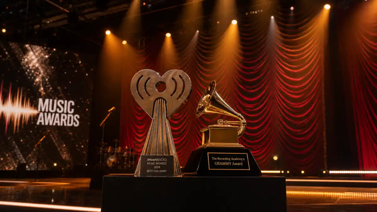 American Music Awards vs Grammys difference — two distinct music award trophies on a ceremony stage under golden spotlight