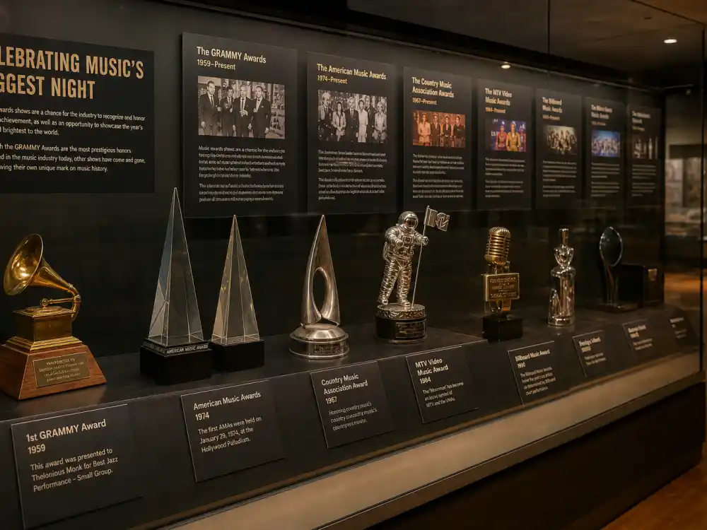 Vintage music award trophies in museum display for American Music Awards vs Grammys difference — decades of ceremony history from Dick Clark to NARAS