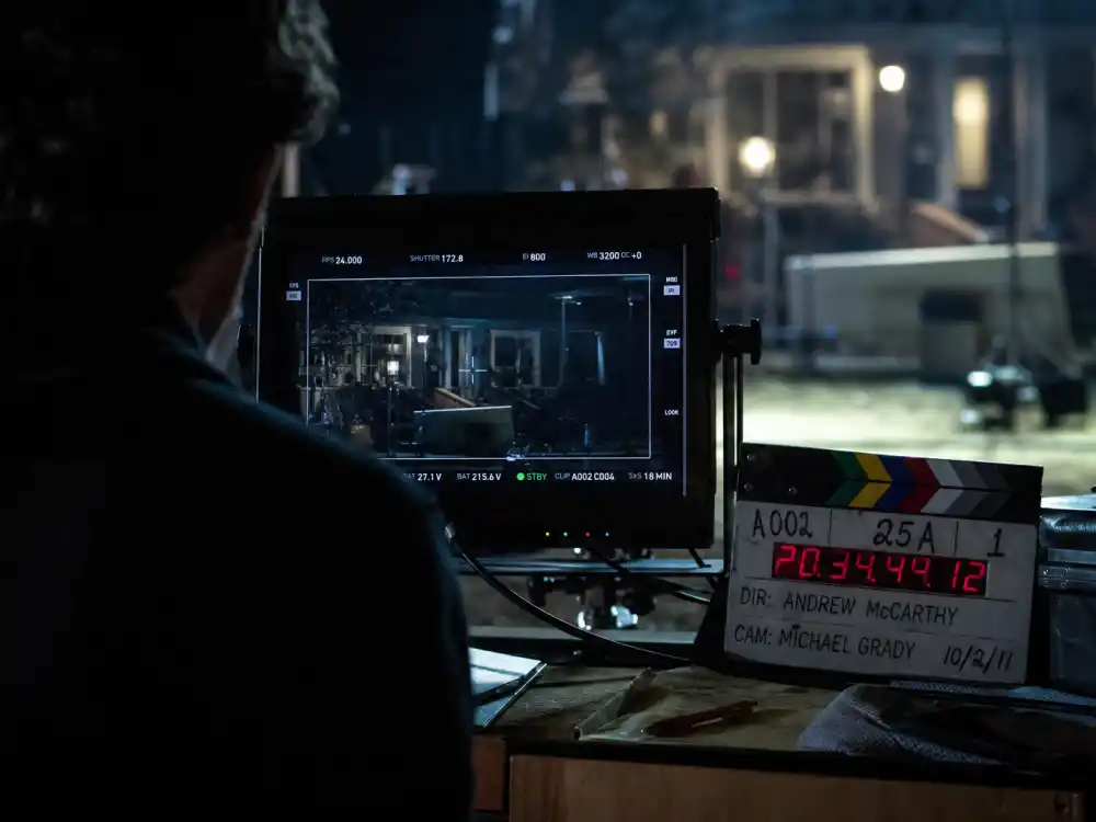 Film director monitor on set for Andrew McCarthy directing TV and indie film career