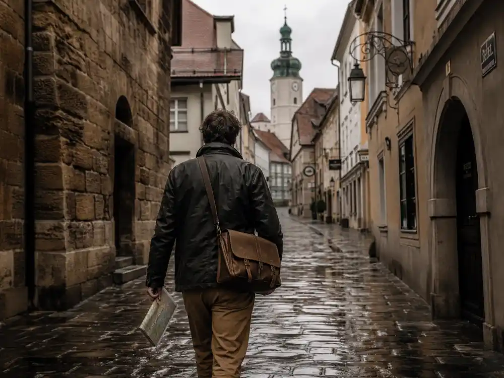 Anonymous traveler on European cobblestone street for Andrew McCarthy travel writer journeys