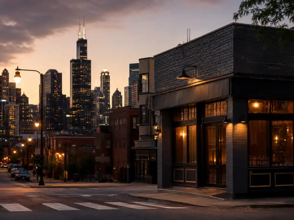 Chicago skyline at dusk for what happened to Andy Dick Midwest comedy club beginnings