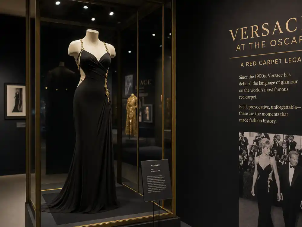 Fashion museum glass case preserving Angelina Jolie leg slit dress Oscars legacy — black Versace evening gown on gallery mannequin