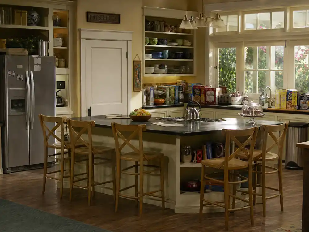 A bright sitcom kitchen set for Angus T Jones Two and a Half Men Jake Harper TV comedy fame