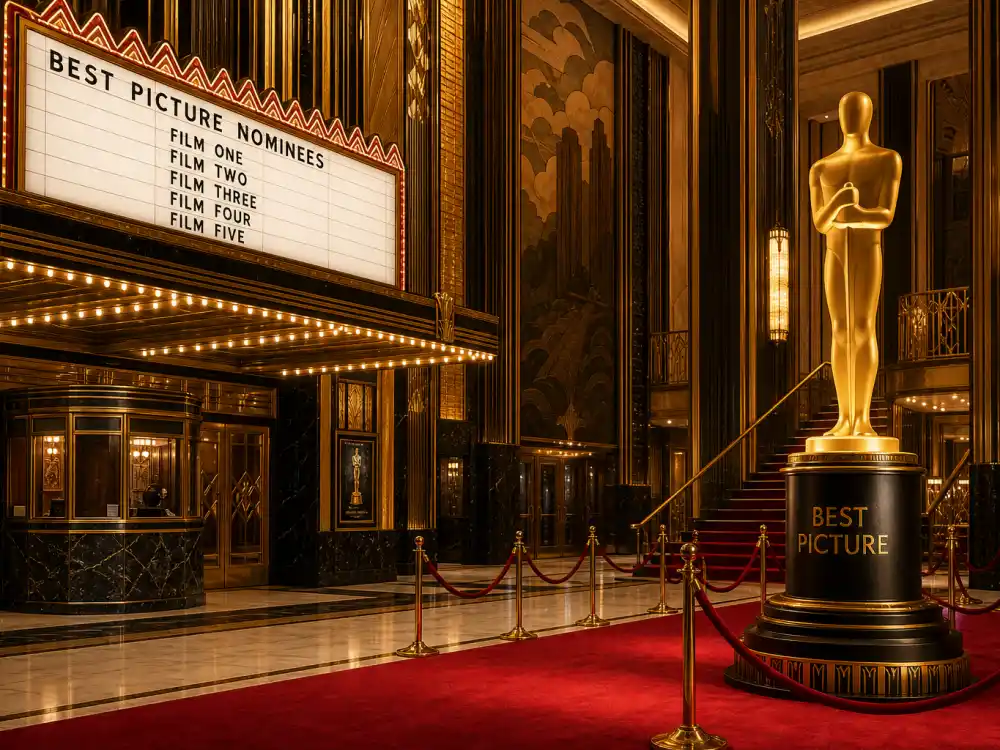 Art Deco awards theatre lobby tied to animated movies nominated for best picture premiere nights and ceremony history