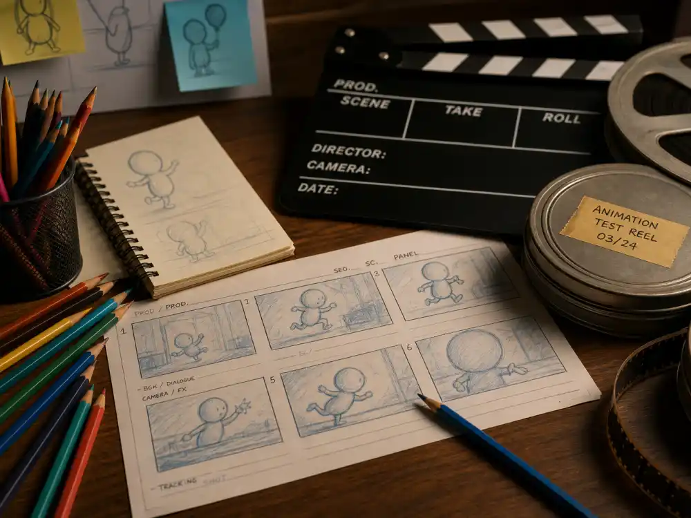 Animation artist desk with storyboards and clapperboard for animated movies nominated for best picture production context