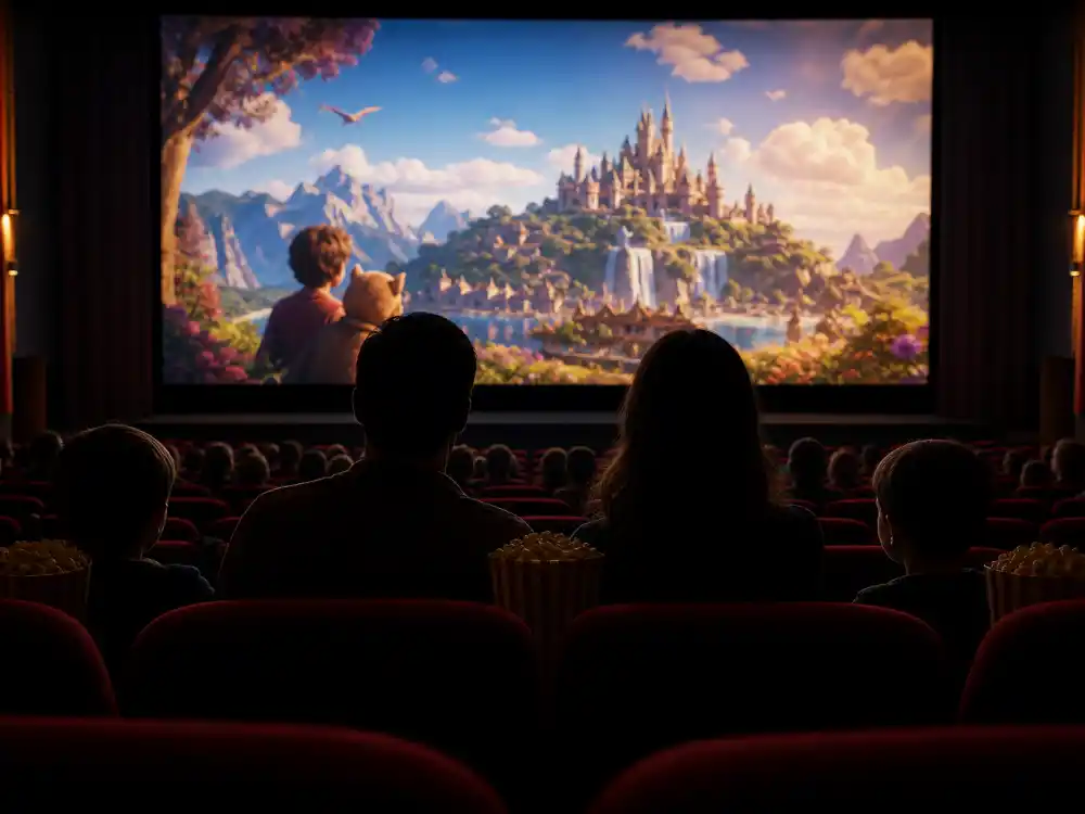 Family movie theatre audience silhouettes watching animated movies nominated for best picture that reached mainstream prestige crossover