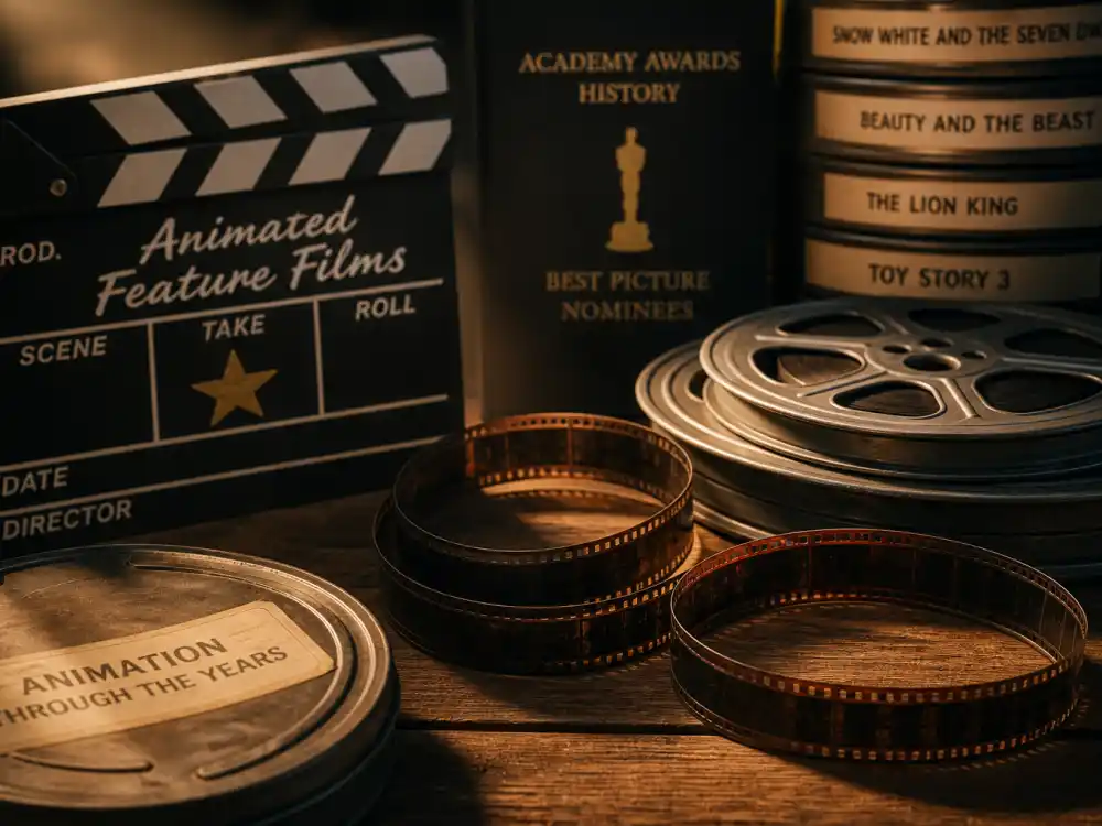 Vintage film reels and clapperboard documenting animated movies nominated for best picture across Oscar history