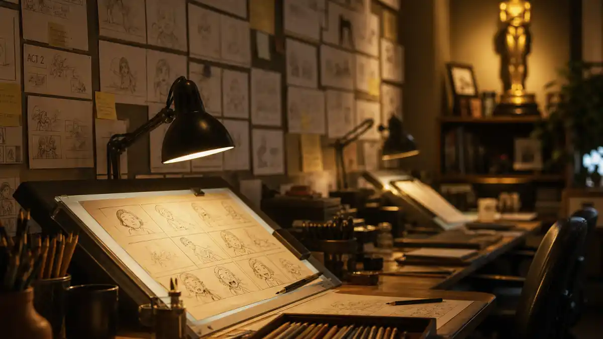 Animated movies nominated for best picture — animation studio light table with storyboards and generic golden statuette silhouette evoking Academy crossover history