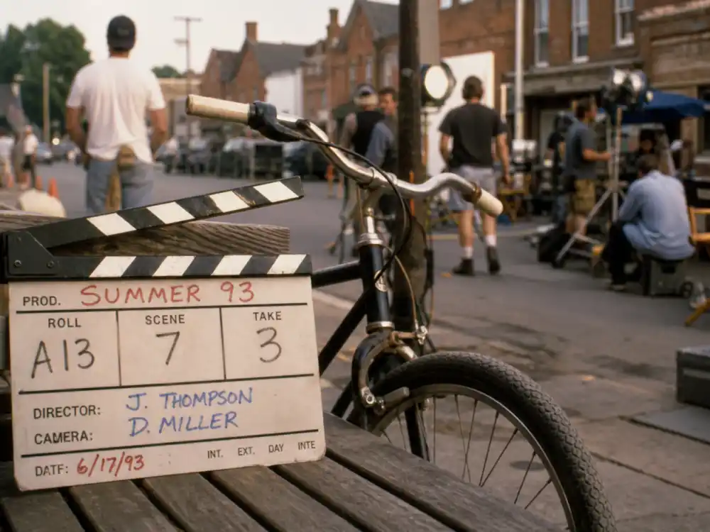 A vintage 1990s film set clapperboard evoking Anna Chlumsky child-star era and My Girl fame