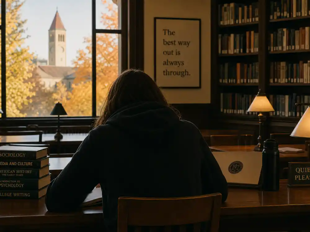 A university library reading room representing Anna Chlumsky leaving Hollywood to study at the University of Chicago