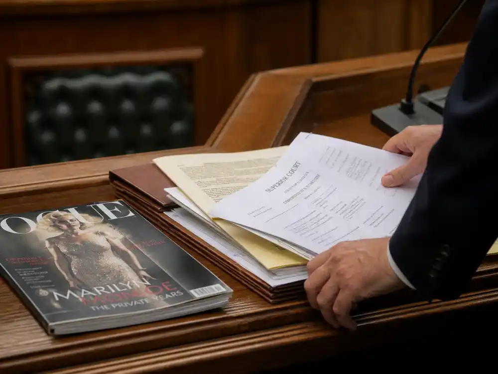 Courtroom bench with fashion magazines evoking Anna Chlumsky Inventing Anna limited-series role as Rachel Williams