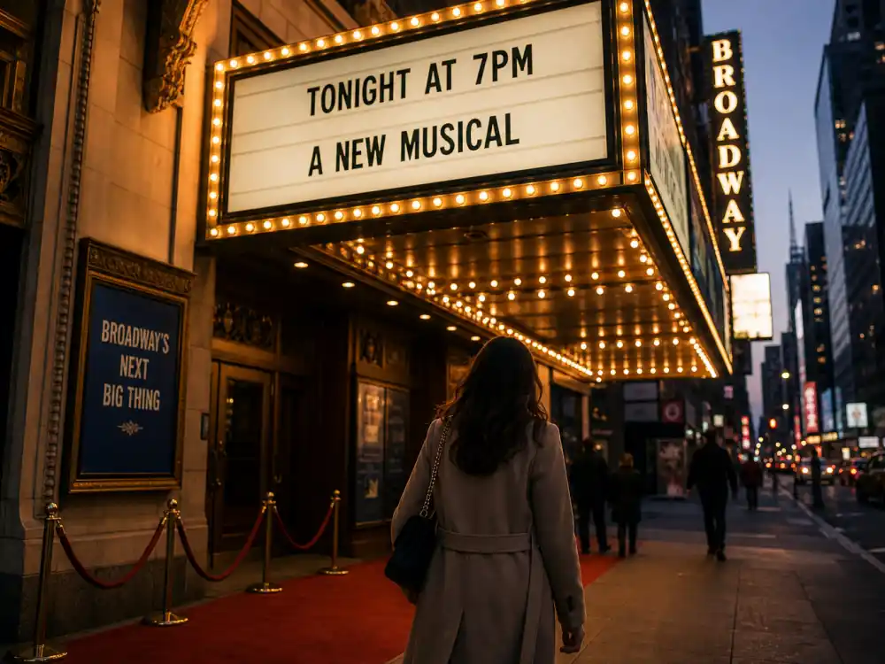 Broadway theater marquee at dusk for where Anna Chlumsky is now in 2026 — stage, family, and selective projects