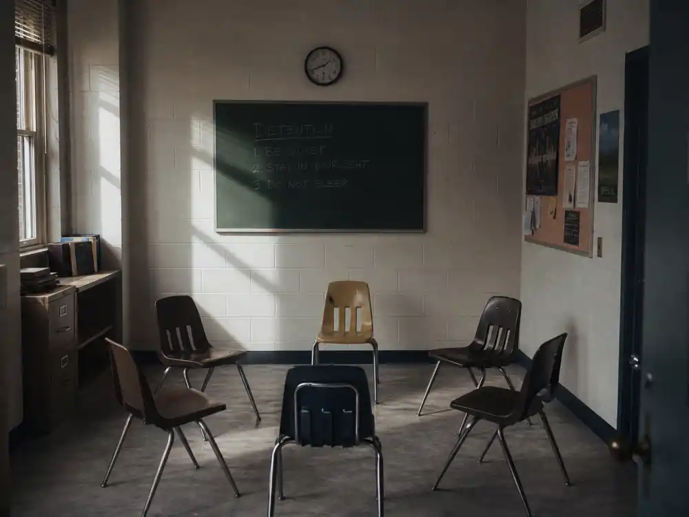 Empty high school detention circle of chairs evoking Anthony Michael Hall Breakfast Club Brat Pack fame