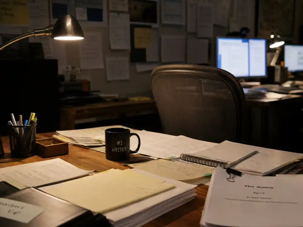 Modern television writers room scripts on desk for Anthony Michael Hall Dead Zone and Awkward TV comeback