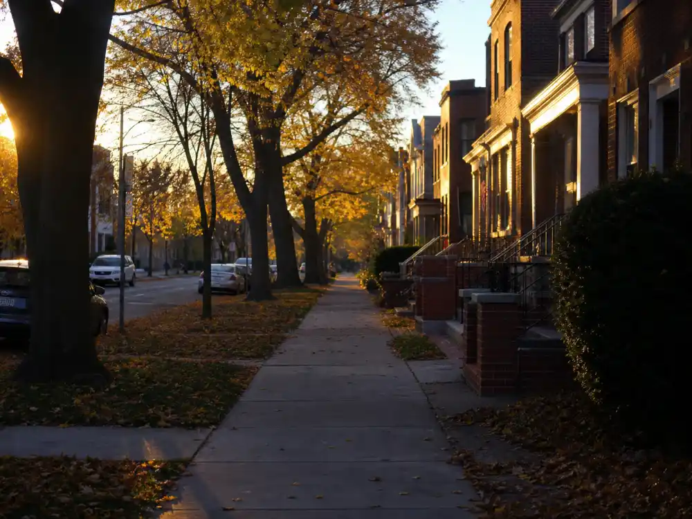 Suburban Chicago autumn street for where Anthony Michael Hall is now in 2026 Midwest grounded life