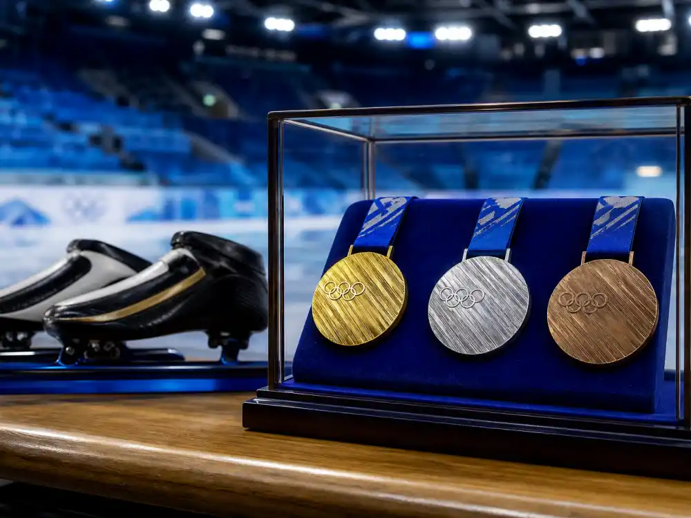 Olympic gold silver bronze medals beside short track skates for where is Apolo Ohno now medal record