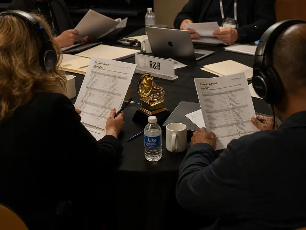 Recording Academy Grammy voting committee review for are award shows rigged how voting works — peer ballots and gramophone trophy on conference table