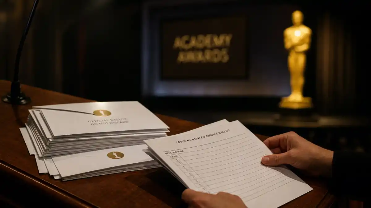 Are award shows rigged how voting works — sealed Oscar ranked-choice ballot envelopes on an Academy Awards stage with statuette silhouette