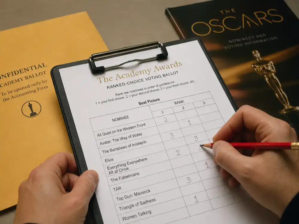 Ranked-choice Oscar preferential ballot papers for are award shows rigged how voting works — numbered rankings beside sealed Academy envelope