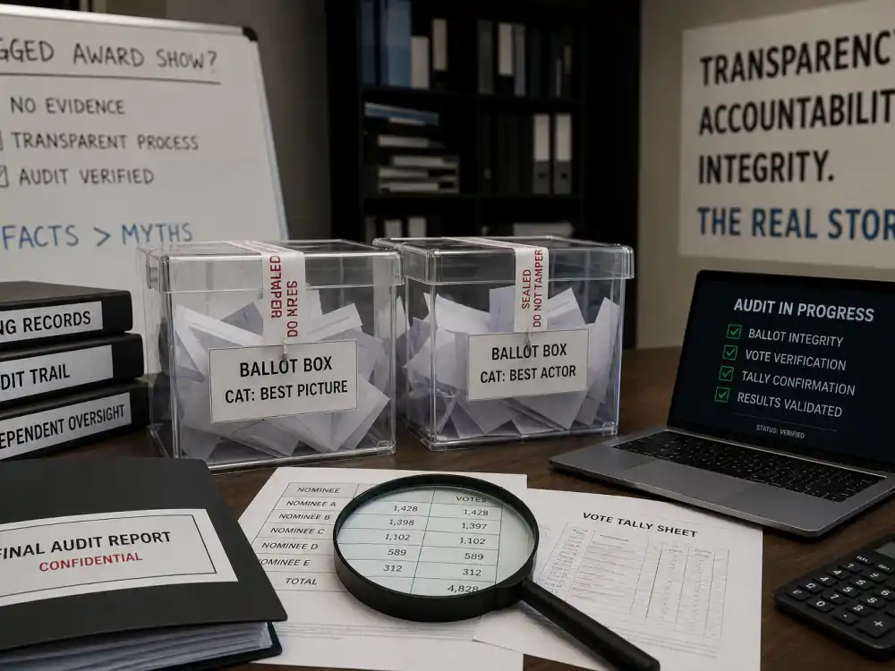 Audit desk with sealed ballot boxes debunking are award shows rigged how voting works fraud myths — tamper-evident tape and official vote tally sheets