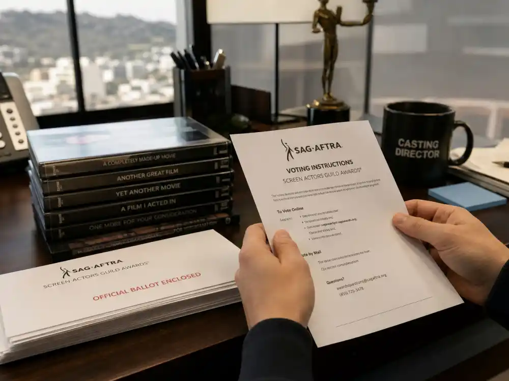 SAG-AFTRA actor guild ballots for are award shows rigged how voting works — screeners and SAG Awards statuette on casting director desk