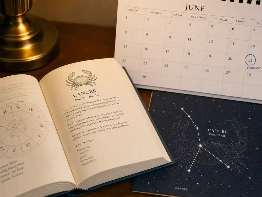 Cancer zodiac chart beside June calendar for Ariana Grande age and birthday 2026 — June 26 birth date places her under Cancer in Western astrology