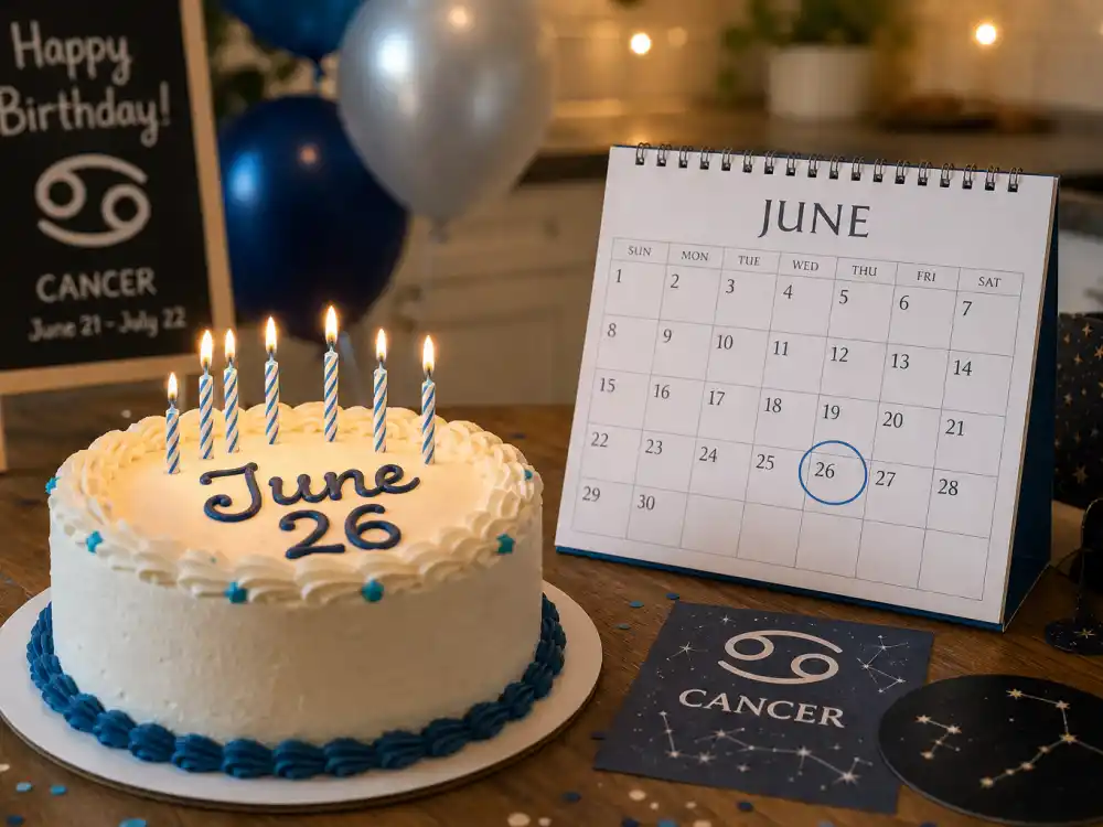 June 26 birthday cake and calendar marking Ariana Grande age and birthday 2026 each year when fans celebrate her Cancer birth date