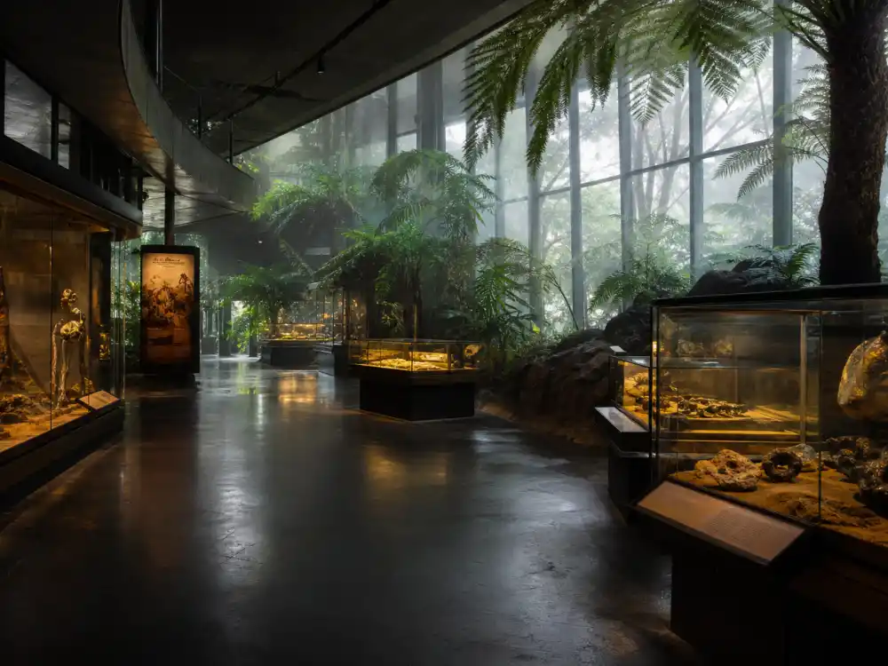 Misty tropical visitor center display evoking Ariana Richards Jurassic Park Lex Murphy fame in 1993