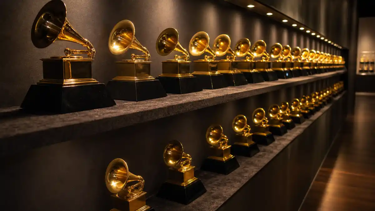 Artists with most Grammy nominations ever — wall of generic golden gramophone-style music trophies under warm awards-ceremony spotlight