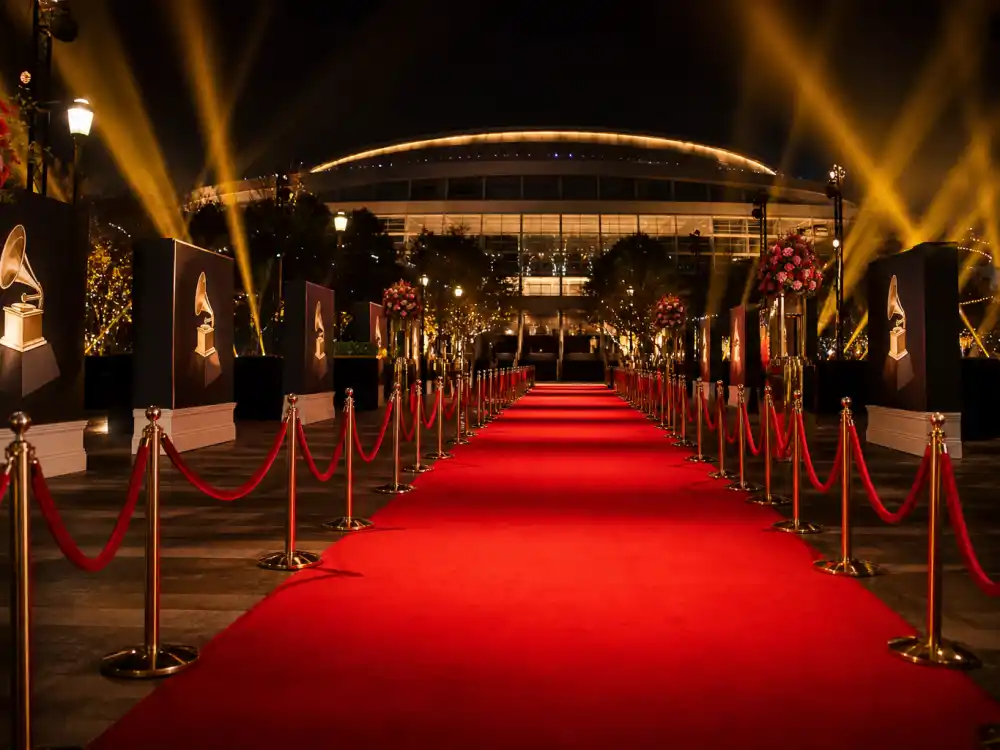 Music awards red carpet backdrop sets the scene for artists with most Grammy nominations ever arrivals each February