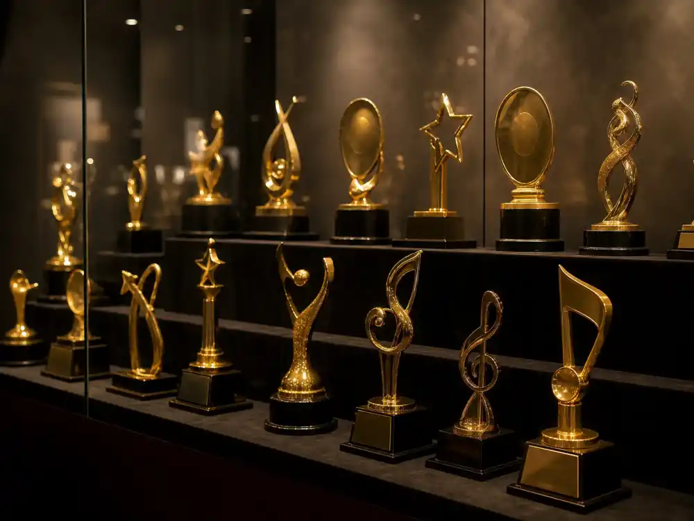 Recording studio trophy wall illustrates how artists with most Grammy nominations ever accumulate Academy recognition across decades