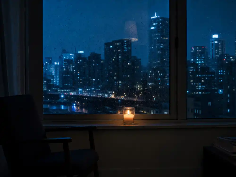 A quiet city apartment window at night symbolizing the slower public years after what happened to Ashanti at Murder Inc