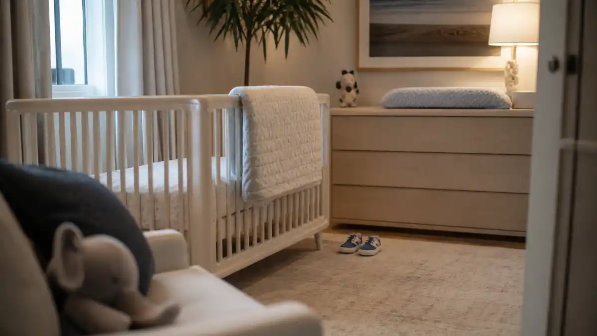 Ashley Graham baby announcement 2025 nursery hub — cream crib with tiny blue baby shoes and soft natural window light in a celebrity-style home