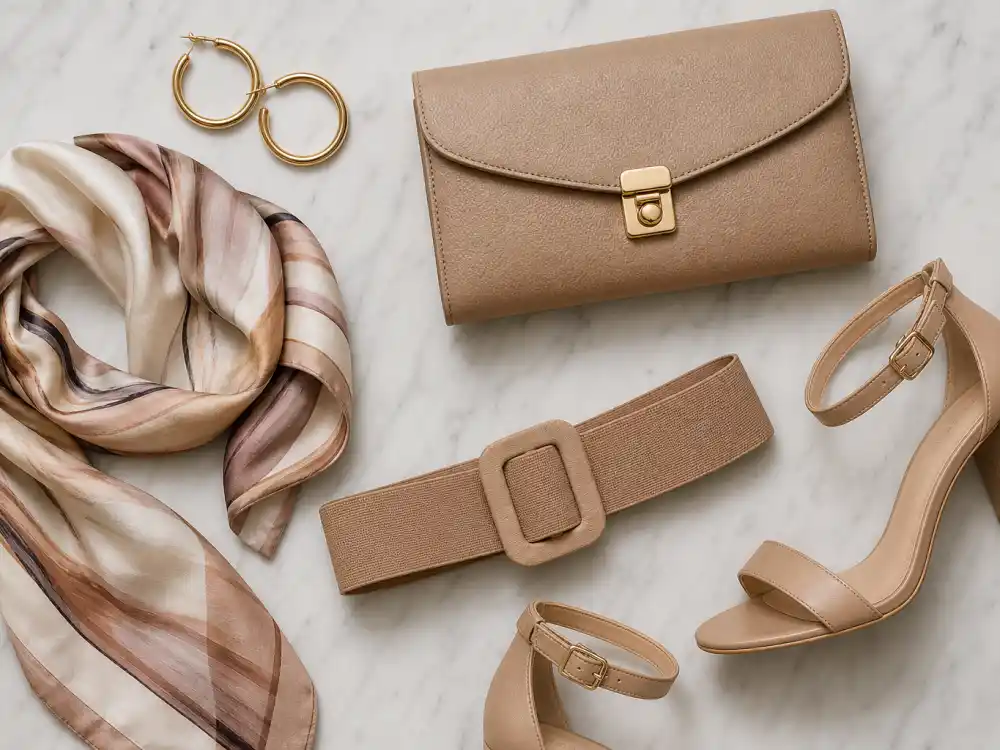 Maternity fashion accessories flat lay with gold earrings nude heels and clutch central to Ashley Graham maternity fashion guide styling vocabulary